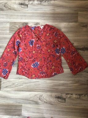 Lily White  V Neck Floral Long Sleeve Blouse - Red/Blue